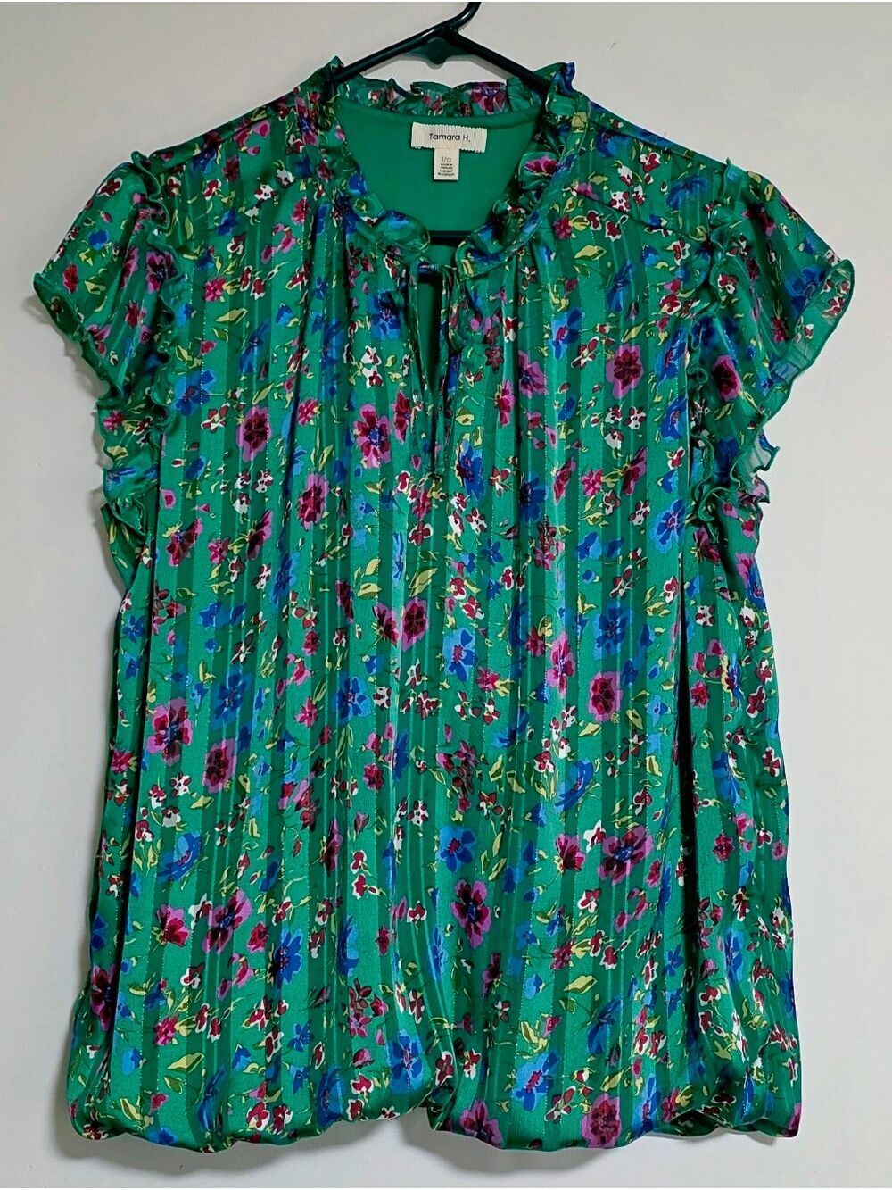 Tamara H Floral Pleated Ruffle Neck Flutter Sleeve Blouse Bubble Hem Green Large